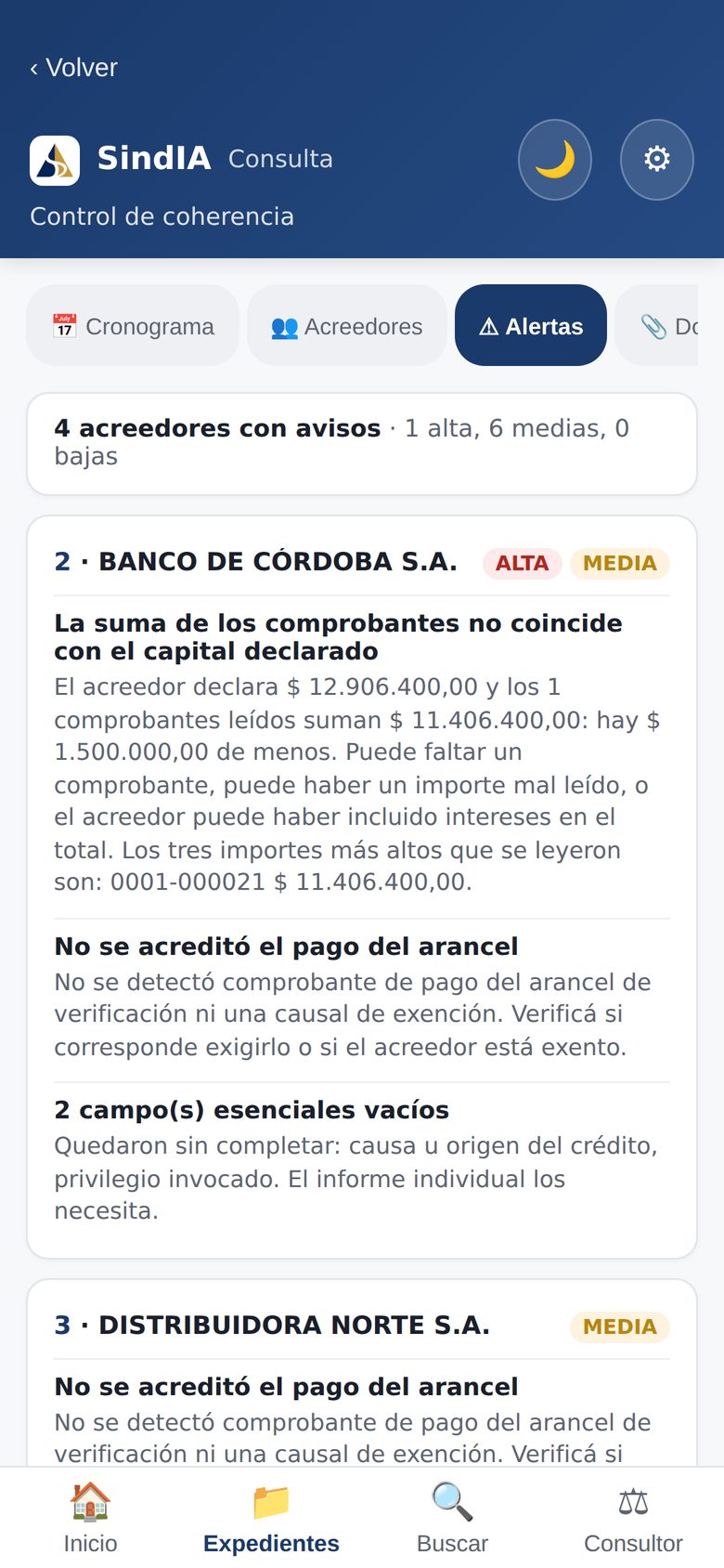 Alertas de coherencia de un expediente en el teléfono: un acreedor cuyos comprobantes no suman lo declarado, sin arancel acreditado y con campos esenciales vacíos, cada aviso con su gravedad.